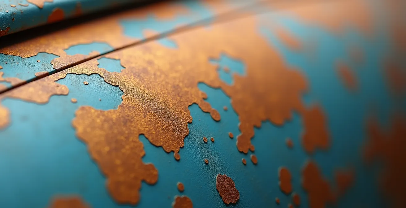 Détail macro de peinture automobile oxydée montrant la texture dégradée