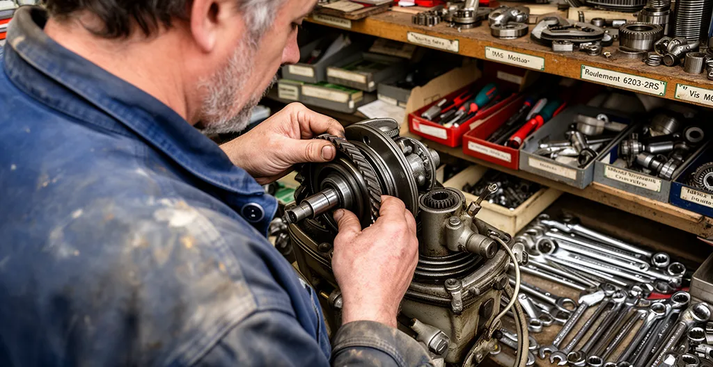 Mécanicien inspectant galet entraînement Solex 2200 en atelier