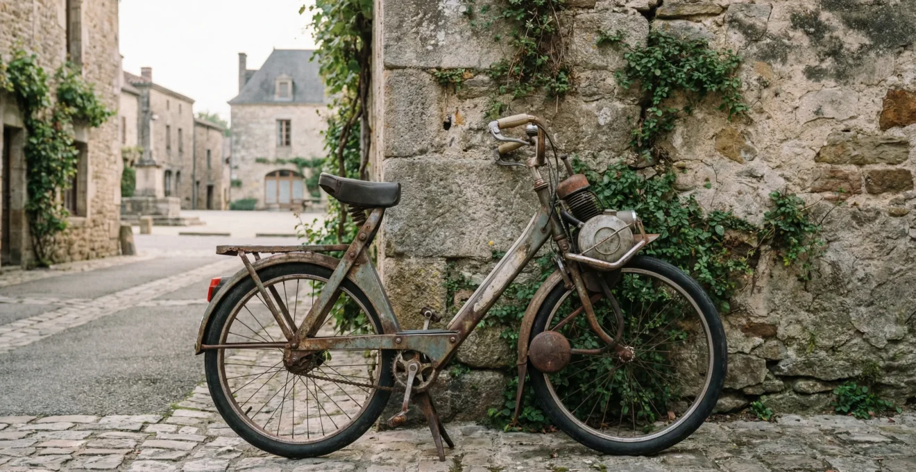 Solex 2200 vintage garé contre mur de pierre montrant patine robuste