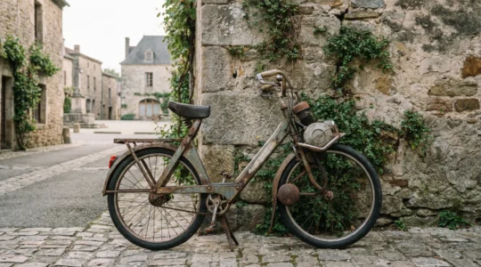 Solex 2200 vintage garé contre mur de pierre montrant patine robuste