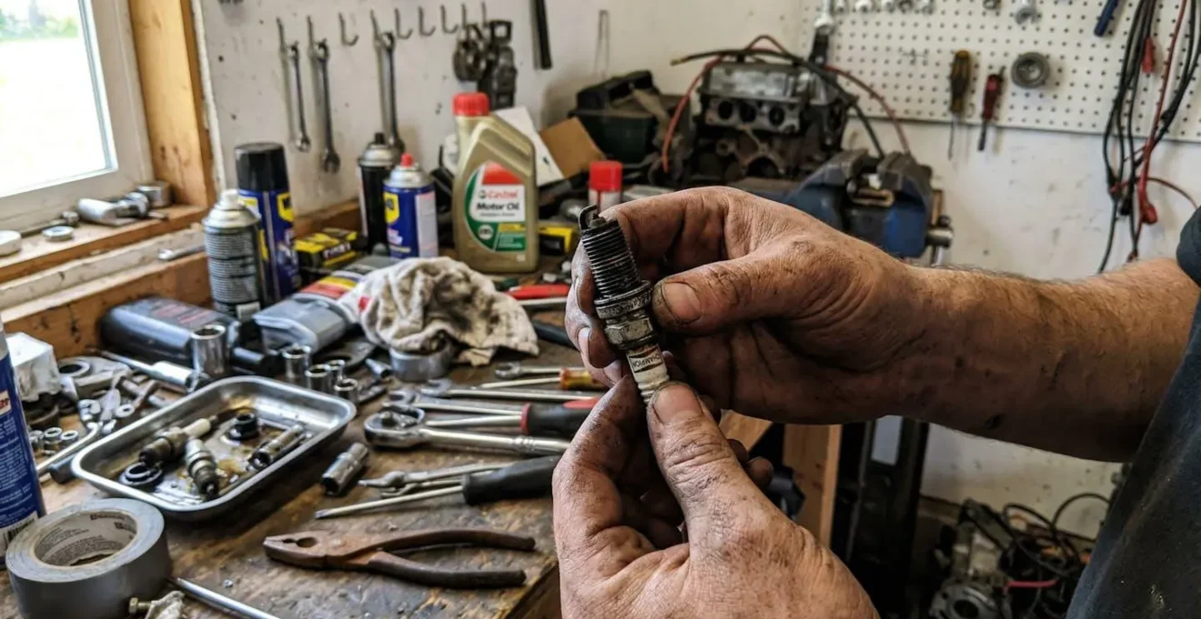 Gros plan sur des mains tenant une bougie d'allumage noircie devant un établi de garage amateur encombré d'outils