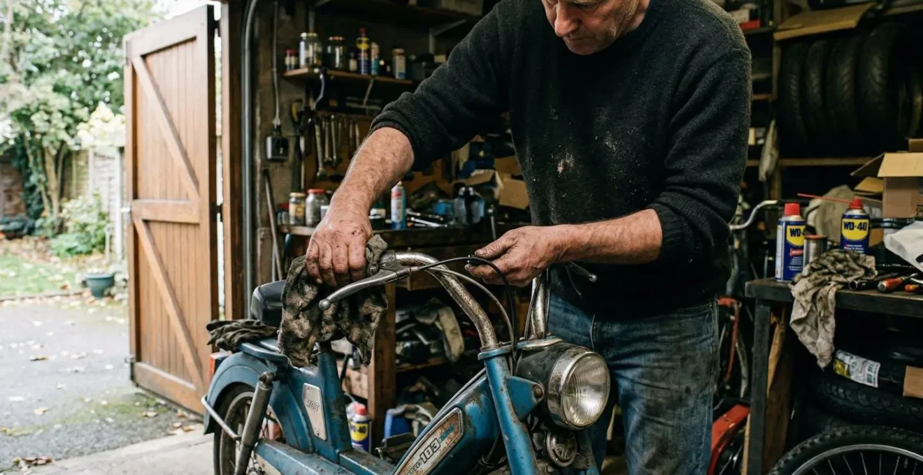 Mains d'un homme essuyant le guidon d'un Solex bleu dans un garage encombré, lumière naturelle venant de la porte ouverte