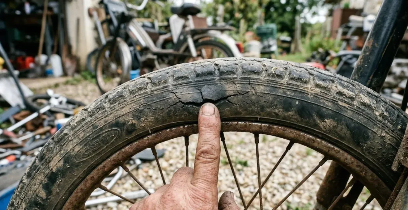 Vue rapprochée d'un pneu de vélomoteur avec craquelures visibles sur le flanc, un doigt pointant les fissures, lumière extérieure naturelle