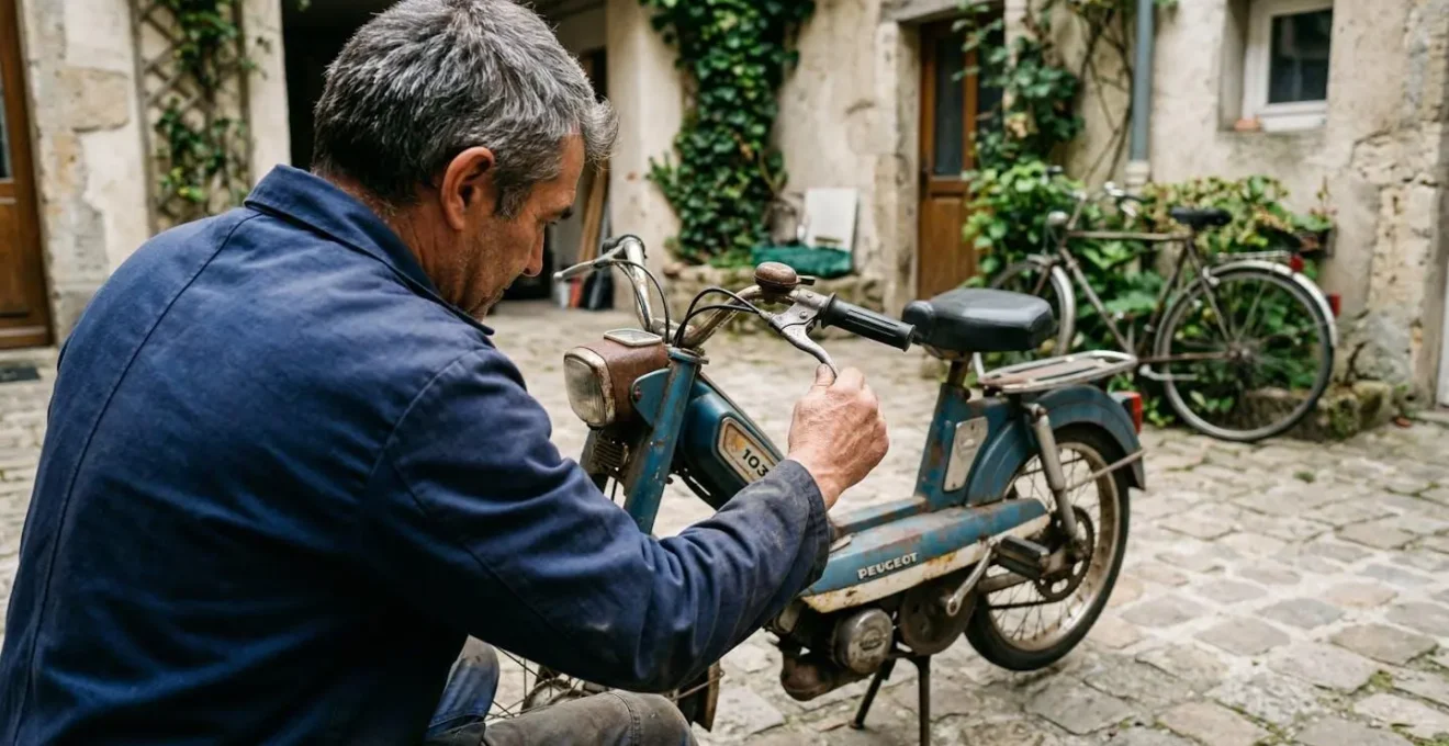 Homme de dos vérifiant le levier de frein d'un Solex posé sur béquille dans une cour pavée, lumière naturelle de fin d'après-midi